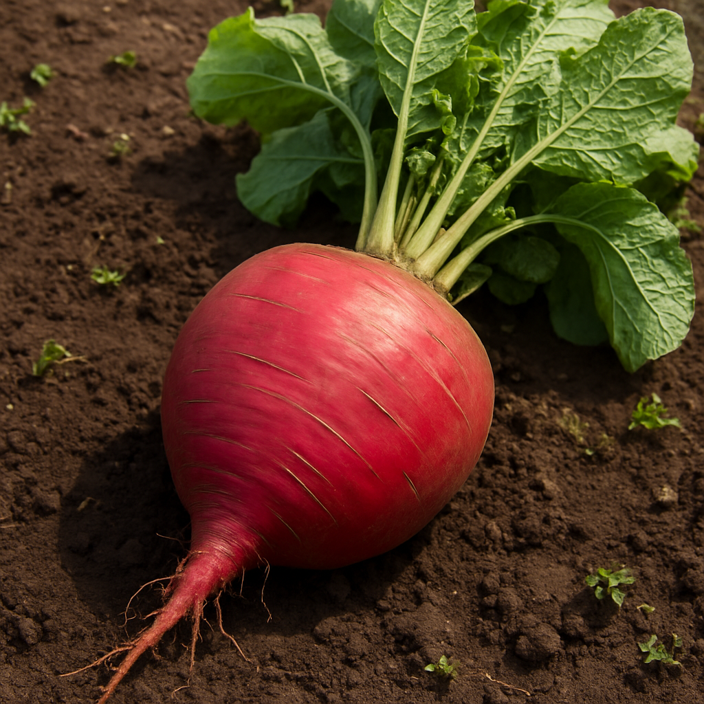 A realistic large radish with greens on soil